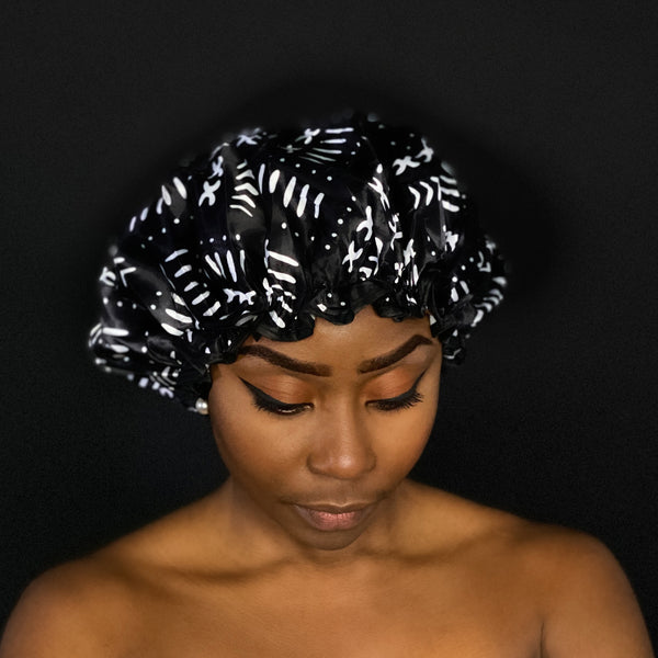 LARGE Shower cap for full hair / curls - African print Black White bogolan