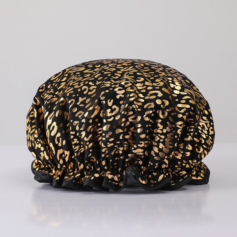 LARGE Shower cap for full hair / curls - Black Gold Leopard