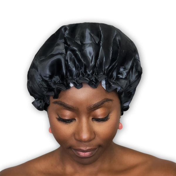 SATIN SET - Protect your hair & keep it dry - Black Satin Hair Bonnet + Shower cap + Scrunchie