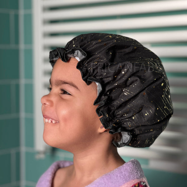 Kids shower cap / Shower cap for children / Black - Gold Stars