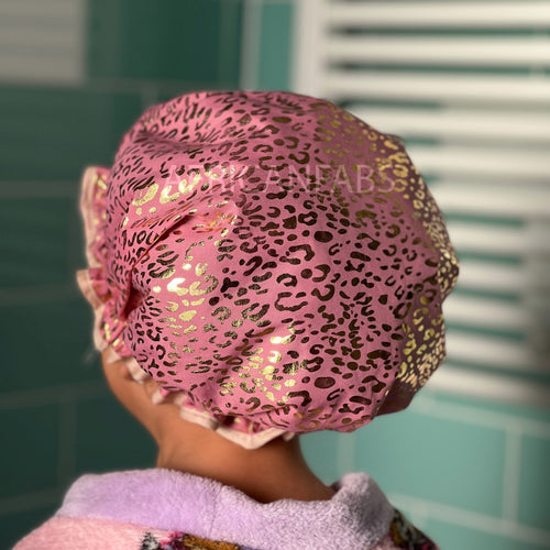 Kids shower cap / Shower cap for children / Pink - Gold Leopard