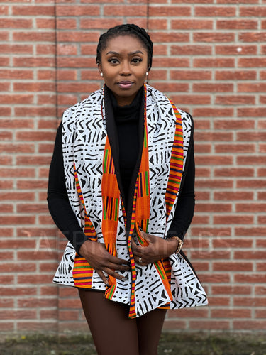 African print Winter scarf for Adults Unisex - White / black bogolan with Orange kente