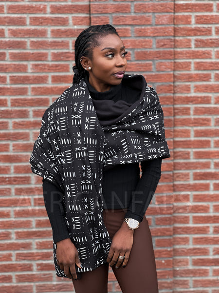 African print Winter scarf for Adults Unisex - Black mud cloth / bogolan