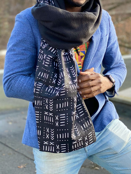 African print Winter scarf for Adults Unisex - Black mud cloth / bogolan