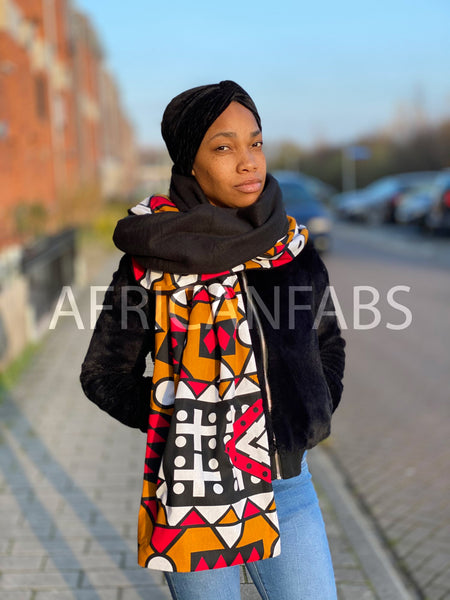 African print Winter scarf for Adults Unisex - Mustard Red Samakaka