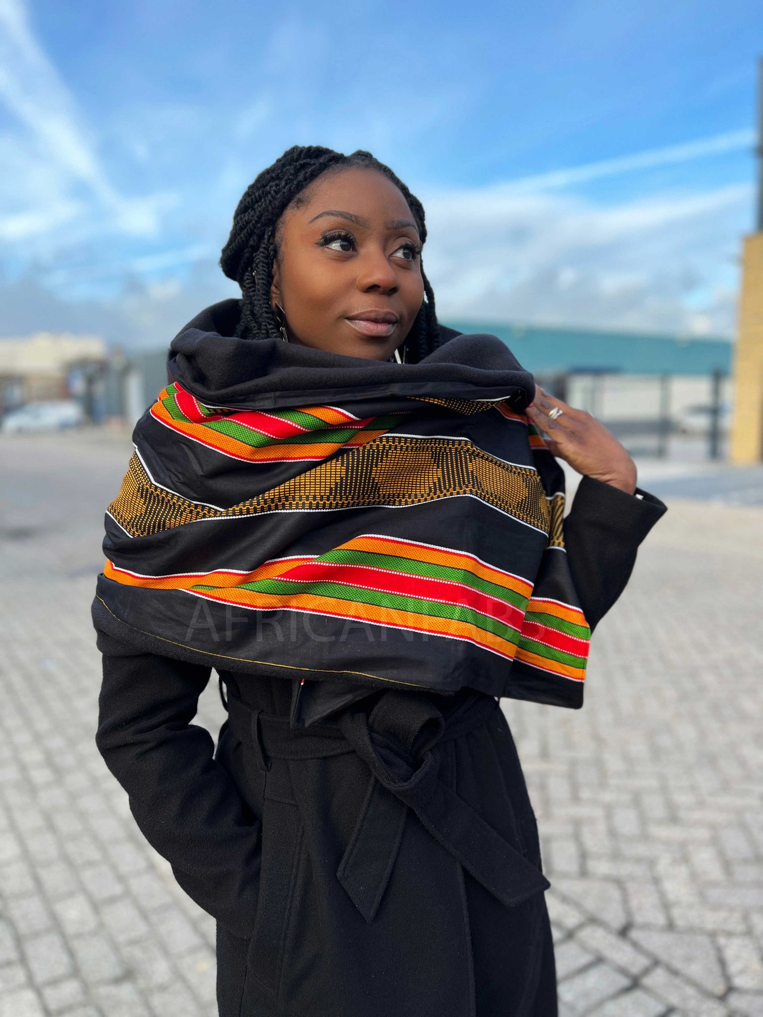 African print Winter scarf for Adults Unisex - Black Pan African Kente