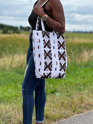 Shopper bag with African print - White / brown bogolan - Reusable Cotton Shopping Bag
