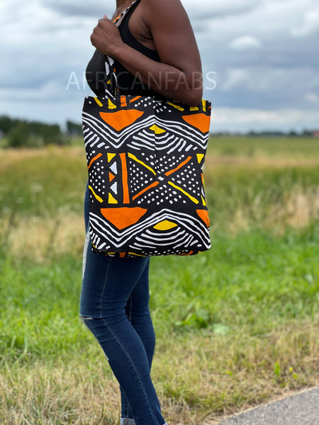 Shopper bag with African print - Orange / yellow bogolan - Reusable Cotton Shopping Bag
