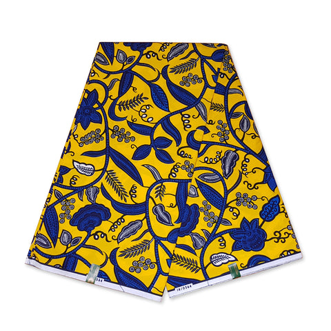 VLISCO Hollandais Wax print fabric - Yellow / Blue leaftrail