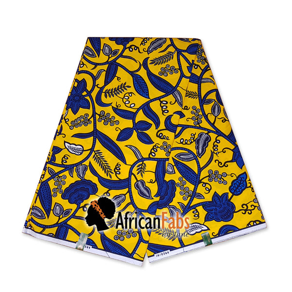 African headwrap - Yellow / Blue leaftrail (Vlisco)