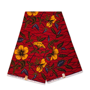 VLISCO Hollandais Wax print fabric - Dark red / Yellow hibiscus flower ...
