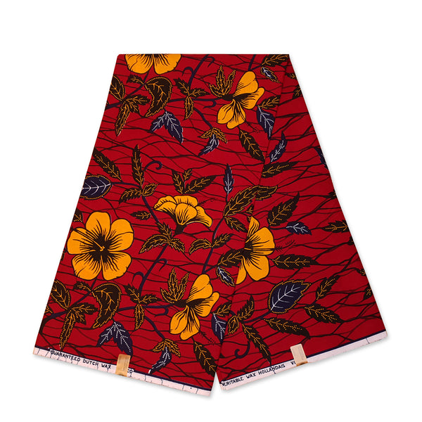 VLISCO Hollandais Wax print fabric - Dark red / Yellow hibiscus