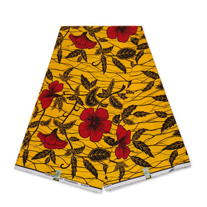 VLISCO Hollandais Wax print fabric - Yellow / red hibiscus flowers