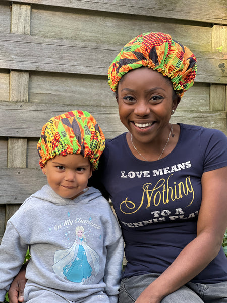 African Kente Print Hair Bonnet (Mother+Daughter / Mommy & Me set) Kids Bonnet set ( Satin lined Night sleep cap )