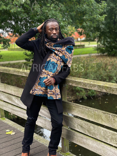 African print Winter scarf for Adults Unisex - Blue / Mustard classic