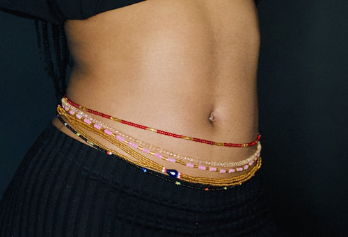 3 in 1 Waist Beads / African Hip Chain - IYORE- Blue / Gold (elastic)